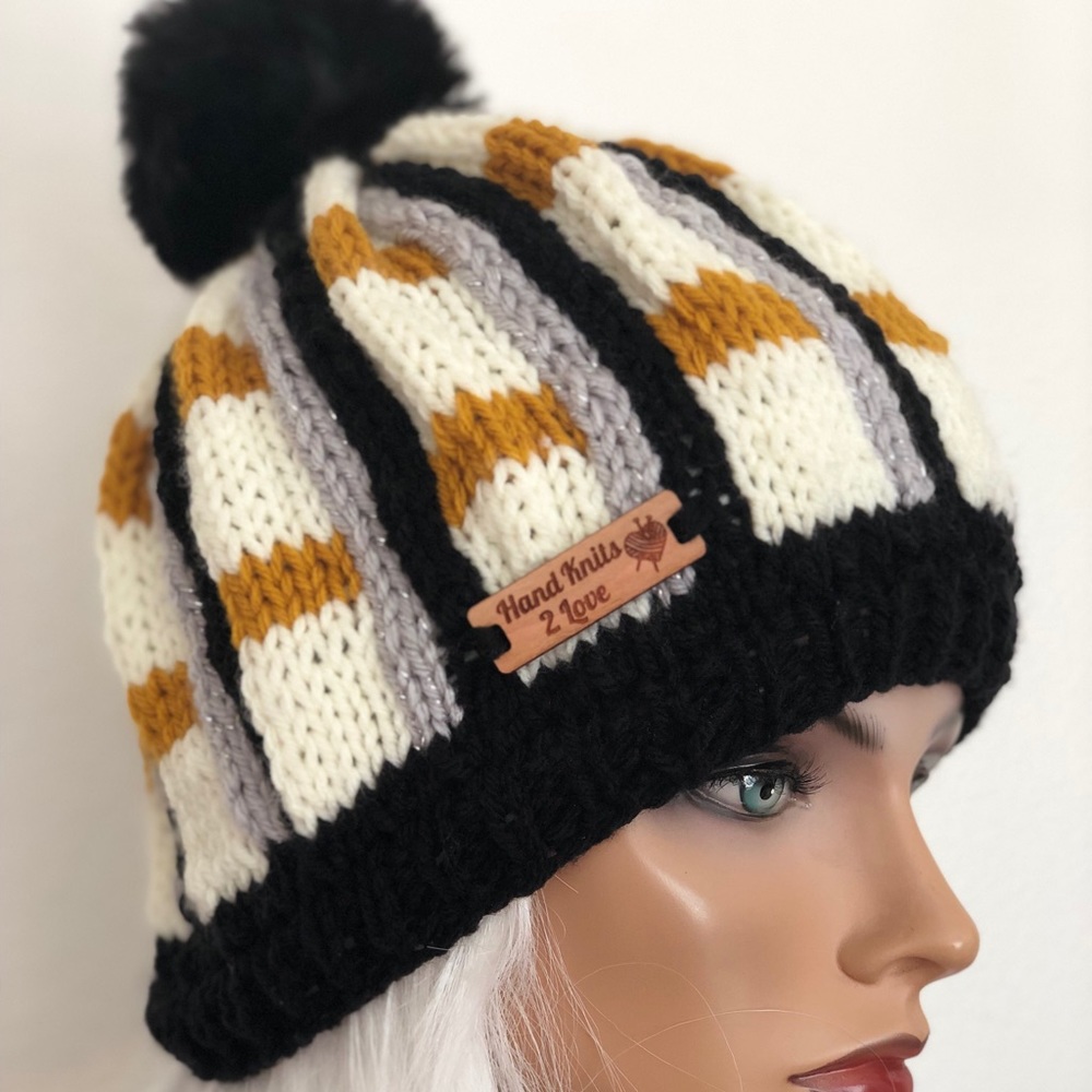 Hand Knits 2 Love Beanie Hat Cap Plaid Designer
